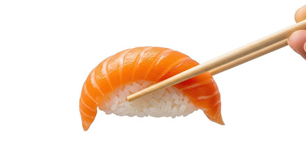 Salmon Nigiri Sushi Held by Chopsticks on Transparent Background