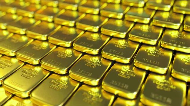 Digital 3D render of gold bullion bars stacked in rows, polished ingots with glowing reflections, modern finance concept, dark studio background, cinematic motion, sharp detail,