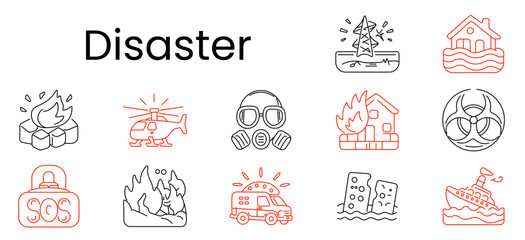 Disaster set icon. Power outage, flood house, fire, helicopter rescue, gas mask, biohazard, sos alarm, wildfire, ambulance, collapse, shipwreck, emergency, catastrophe, hazard, crisis