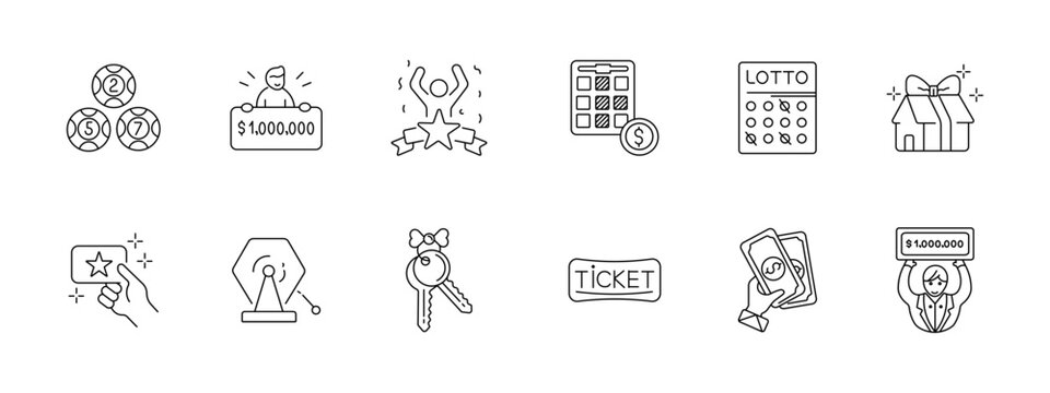 Lottery set icon. Collection with numbered balls, winner check, jackpot star, ticket grid, lotto card, gift house, scratch card, roulette wheel, keys, ticket stub, cash prize