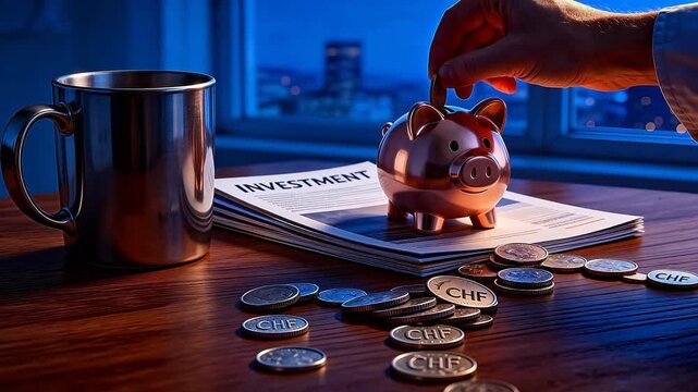 Piggy bank and coins on desk
