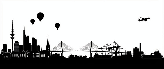 Obraz premium Modern city skyline with industrial port and global transportation elements a detailed black silhouette vector illustration for urban development concepts