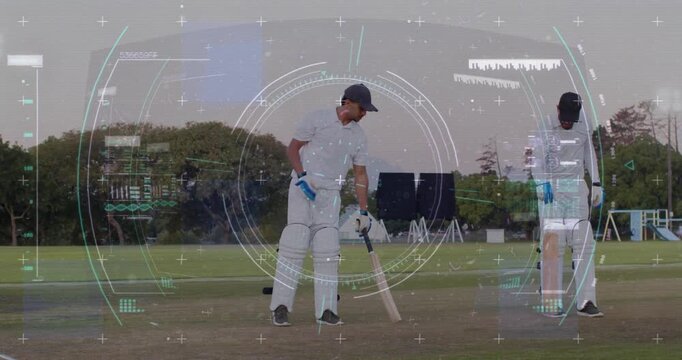 Two batsmen walking onto cricket pitch checking pads or bats preparing for next ball with HUD glitch