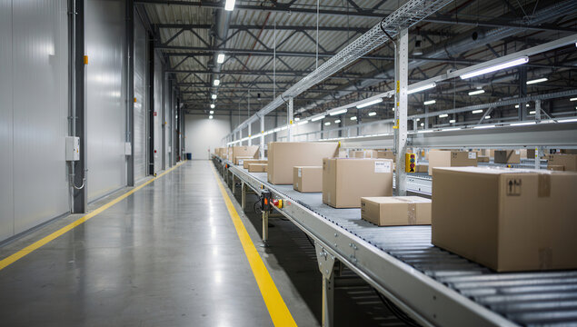 Interno di un moderno magazzino logistico automatizzato con scatole di cartone su nastro trasportatore a rulli. Generative AI 