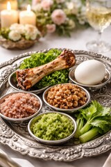 Seder plate featuring symbolic foods for Passover, including a bone, egg, charoset, horseradish, and parsley on a silver platter with candles and flowers