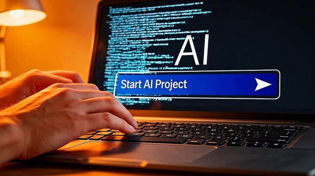 Hands typing on laptop with AI project interface