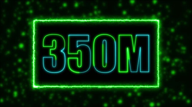 Neon 350M text animation on blur background. Neon glowing 350M 'followers' animation with neon border.