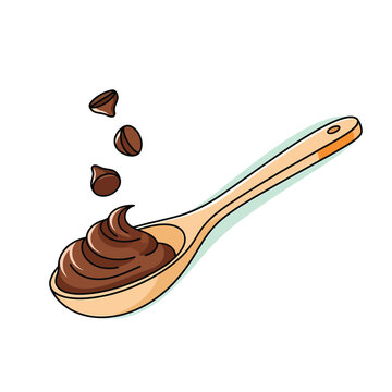 Chocolate spread on wooden spoon with hazelnuts nutella