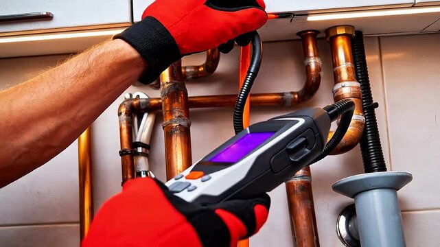 Plumber inspecting pipes with tool