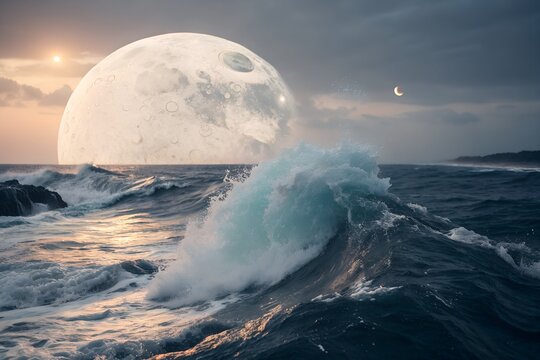 Celestial Ocean Symphony: A mesmerizing seascape unfolds, where colossal moon and serene crescent moon dance above the relentless rhythm of the ocean. The waves crash against the shore.