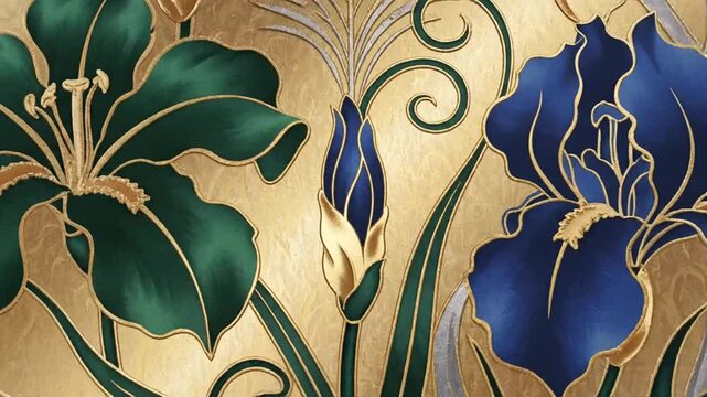 Art Nouveau pattern with irises, peacock feathers, and gold details