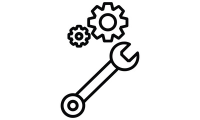 Obraz premium Simplified wrench and gear icon symbolizing maintenance and technical support services in a sleek black line design.