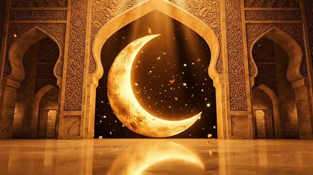 Ultra cinematic 3D golden crescent moon emerging from a grand Islamic palace interior, intricate arabesque carvings, polished marble floor reflecting warm golden light, floating luxury particles, dram