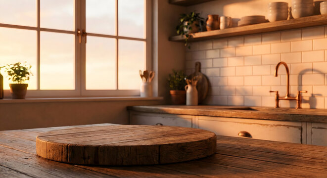 Wooden cutting board on kitchen counter with natural light and rustic decor