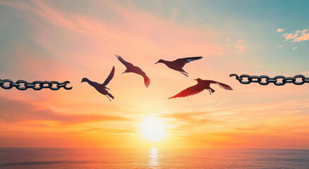 Obraz premium Breaking Free: Birds Soaring Beyond Chains at Sunset