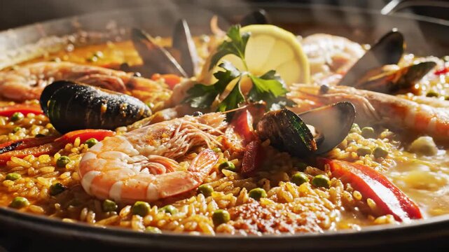 A vibrant and detailed close-up shot of a steaming, freshly cooked seafood paella, showcasing mussels, prawns, rice, and lemon garnish, presented in a rustic, traditional paella pan for a cu