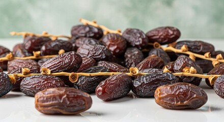 Fototapeta premium Fresh ripe dates in wooden bowl natural light healthy snack food close-up