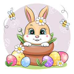 A cute cartoon Easter bunny in the flowerpot with Easter eggs. Festive vector illustration of an animal with eggs, flowers and bees on a pastel purple background.