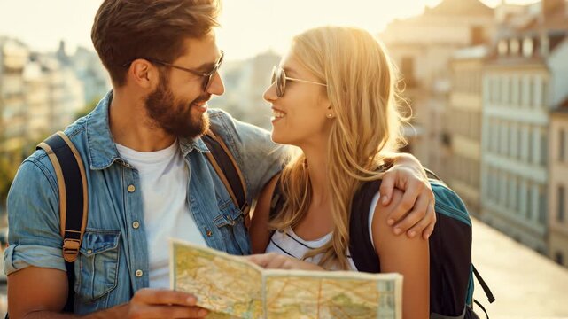 Happy young couple of tourists with backpacks looking at a paper map while exploring a European city during summer vacation at sunset.