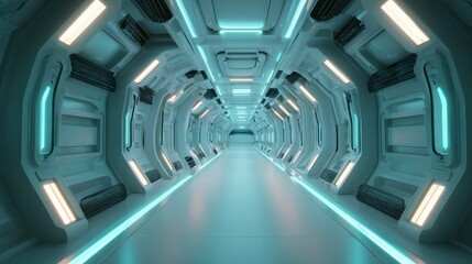 Obraz premium Futuristic sci-fi corridor with glowing blue and white lights on metallic walls. Long tunnel with reflective floor and high-tech atmosphere.