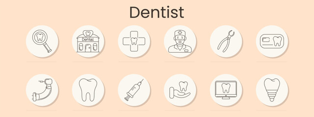 Fototapeta premium Dentist medical set icon. Minimal line badges, tooth magnifier, dental clinic, cross tooth, dentist doctor, pliers, toothpaste, dental drill, molar, syringe, hand tooth, laptop tooth, implant