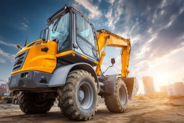 Obraz premium Yellow wheel loader excavator on construction site at sunset. Heavy machinery and industrial equipment concept with dramatic lighting and low angle view.