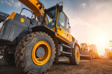Yellow wheel loader excavator on construction site at sunset. Heavy machinery and industrial equipment concept with dramatic lighting and low angle view.