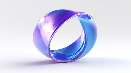 Abstract twisted ring object with iridescent metallic surface and gradient colors on white background. Futuristic design element or 3D render concept.