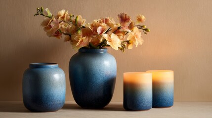 Cozy still life composition with dried flowers in ceramic vase, lit candles, and pottery on a shelf. Warm ambient lighting for home decor and lifestyle concepts.