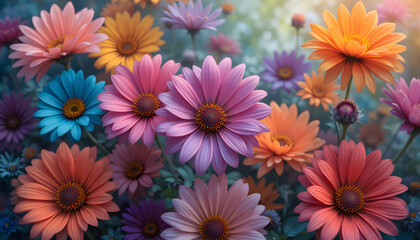 Fototapeta premium Vibrant Colorful Flowers Wallpaper Featuring a Lush Group of Blooming Florals with Rich Hues and Detailed Petals Perfect for Home Decor Backgrounds, Digital Art, Nature Theme, and Botanical Displays