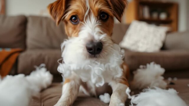 Naughty Jack Russell Terrier puppy sitting on a brown sofa surrounded by white pillow stuffing after chewing up a cushion at home.