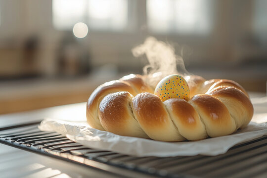 Freshly baked braided Easter bread ring with a colorful speckled egg and rising steam