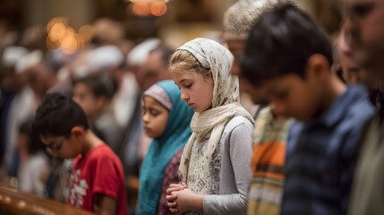 Obraz premium Young faithful children in quiet prayer during a spiritual celebration.