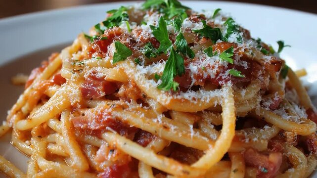 Delicious spaghetti bolognese garnished with fresh parsley and parmesan closeup.