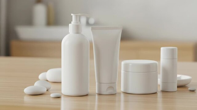 A collection of white cosmetic products on a wooden countertop with scattered pills