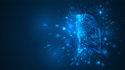 An abstract 3D object on a blue background with bright highlights.