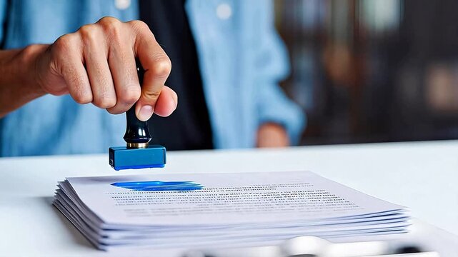 Hand stamping blue ink on documents