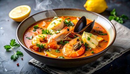 Bouillabaisse on Dark Stone Background