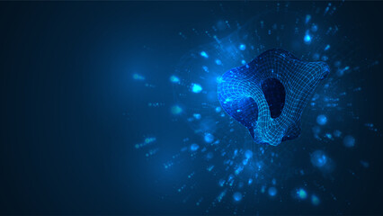 An abstract 3D object on a blue background with bright highlights.