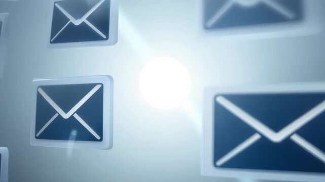 An abstract representation of email communication with light beams and envelope icons in a futuristic digital environment. 4k Video footage.