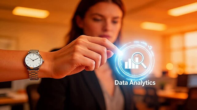 Woman touching data analytics hologram