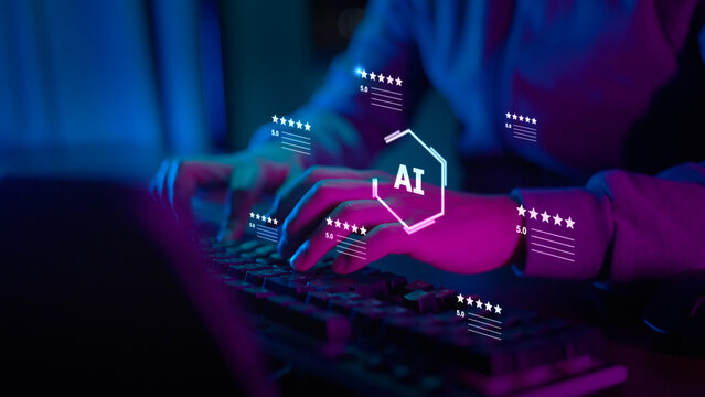 Digital marketing artificial intelligence and 5 stars rating review. Online customer feedback survey, service quality satisfaction, smart business strategy, and best ranking experience concept.