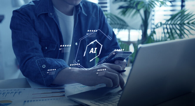 Digital marketing artificial intelligence and 5 stars rating review. Online customer feedback survey, service quality satisfaction, smart business strategy, and best ranking experience concept.