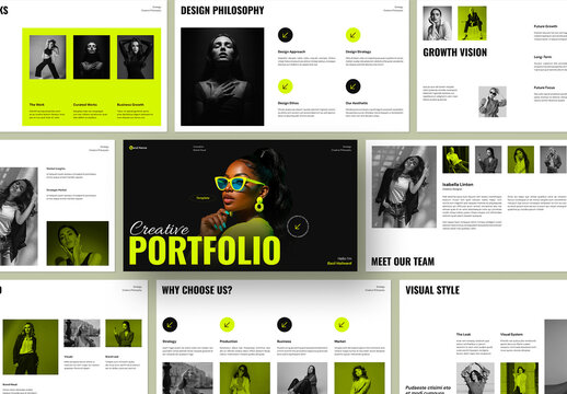 Creative Digital Portfolio Design Presentation Template with Neon Green Accents