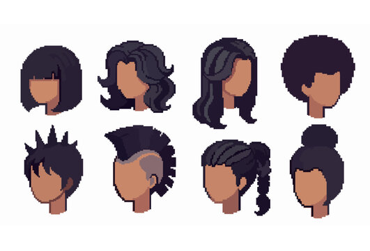 Dark Pixel Hair Collection Vector Icons for Games, Avatars, and UI Design