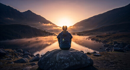 Person silhouetted against a sunrise over a tranquil mountain lake