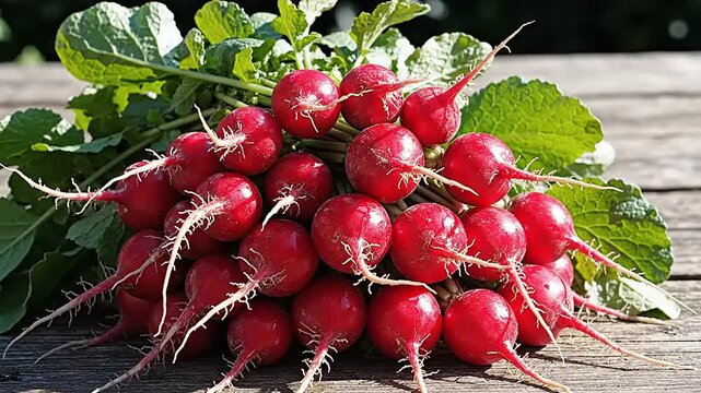 Bunch of freshly harvested red root vegetables with green tops on wooden surface
