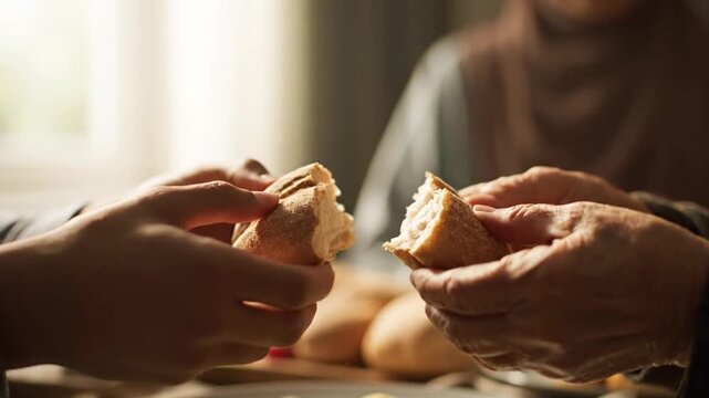 Warm hands gently breaking fresh, crusty bread together, illustrating a moment of shared community, nourishment, and togetherness at a family meal