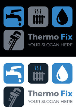 Professionelles Logo f&uuml;r Sanit&auml;r- und Heizungsservice mit Heizk&ouml;rper, Wasserhahn und Rohrzange &ndash; Vektor