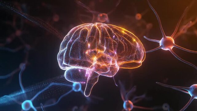 Stylized 3D Brain Model Made of Glowing Particles - Digital Visualization
